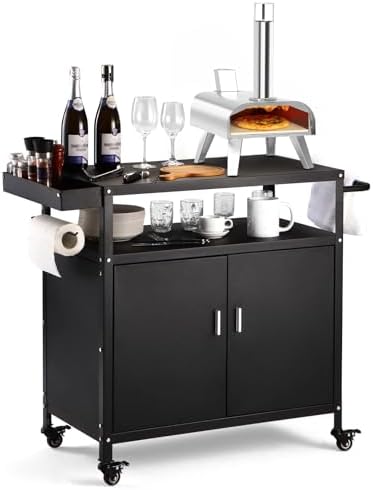 Outdoor Grill Cart with Storage Cabinet, Pizza Oven Stand Table with Wheels for Outside, Patio, Kitchen, Movable Outdoor Food Prep Table for Grill, BBQ