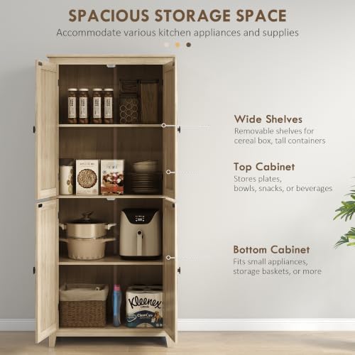 HOMCOM 72" Freestanding Kitchen Pantry Cabinet, Farmhouse 4-Door Natural
