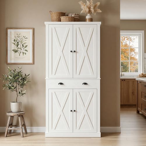 IRONCK 72.6" H Kitchen Pantry with Drawer & Adjustable Shelves, White