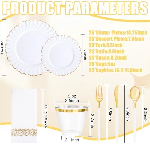 Ciaell 175 Piece White and Gold Plastic Plates for Weddings Parties
