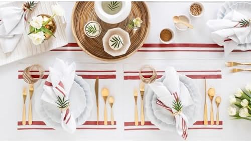 Solino Home 100% Linen Placemats, 14 x 19 in, Red, French Stripe, Set of 4