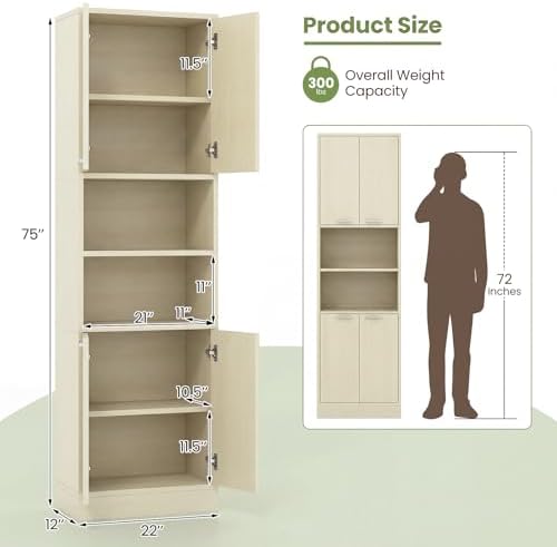 GIANTEX Kitchen Pantry Cabinet, 75'' Tall Freestanding Cupboard with Doors & Shelves, Safety Hinges & Anti-Tipping Devices, Storage Sideboard for Dining Room, Living Room (Light Oak)