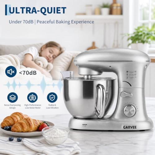 Garvee 5.3 QT Tilt-Head Stand Mixer, 500W Motor, 10-Speed Electric Kitchen Mixer with Stainless Steel Bowl, Dough Hook, Flat Beater & Wire Whisk for Bread Dough, Cake, Cookies & Pizza, Silver
