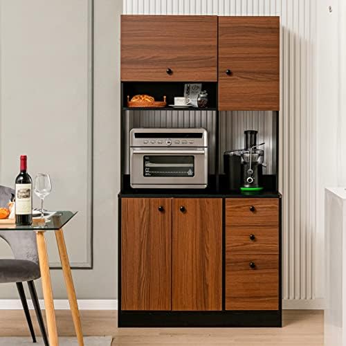 LOKO 71” Tall Kitchen Pantry Storage Cabinet with 3 Drawer, 4 Doors, Walnut