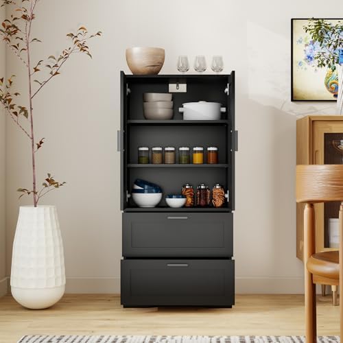2 Door Tall Kitchen Pantry Storage, Collection Food Free Standing Wooden Storage Cabinet with 2 Drawers and Adjustable Shelves, Modern Farmhouse Versatile Storage for Kitchen, Dining Room (Black)