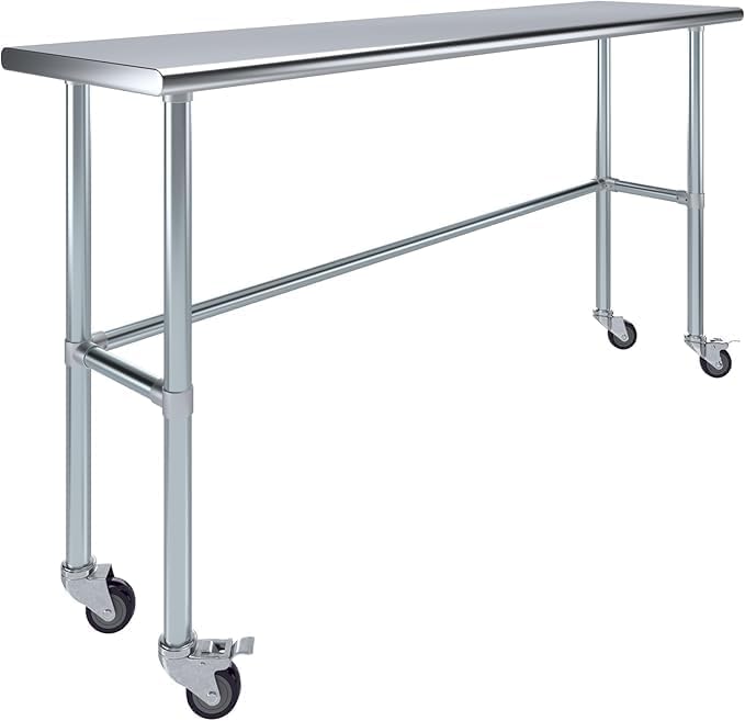 Stainless Steel Work Table Open Base & Wheels | Work Station | Metal Work Bench (Stainless Steel Work Table Open Base + Casters) (72" Long x 18" Deep)