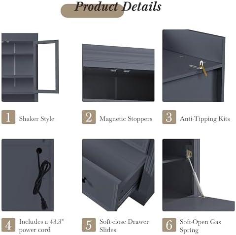 Merax 78 Inch Extra-Tall Freestanding Kitchen Pantry Storage Cabinet, Multifunctional Cupboard with 3 Drawers, Adjustable Shelves & Power Outlet Drop-Down Surface for Dining and Living Room, Grey