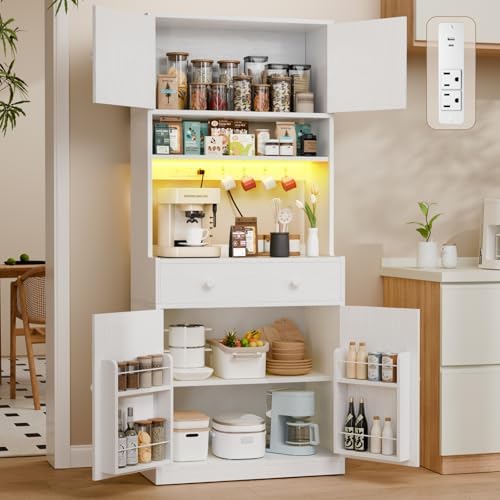 71" Tall Kitchen Pantry Cabinet with Microwave Countertop, LED Lights White