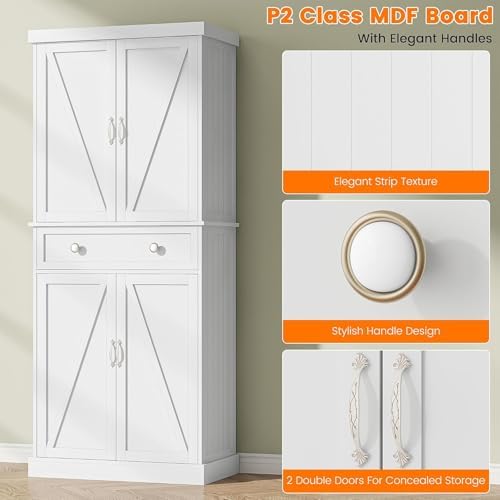 kepptory 72" Tall Kitchen Pantry Cabinet, Freestanding Storage Cabinet with Barn Doors and Drawer, Farmhouse Pantry Cupboard with Adjustable Shelves for Kitchen and Dining Room, White