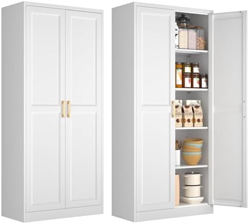 Polup 71" White Metal Kitchen Pantry Storage Cabinet with Doors and Shelves
