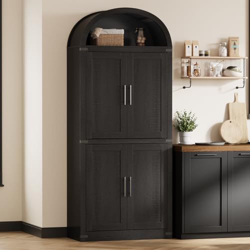 GarveeHome Arched Cabinet 71.6 in Tall Kitchen Pantry, Farmhouse Storage Cabinet, Large Bookshelf with Doors, Arched Bookcase with Cabinets, 5 Tier Kitchen Cabinets for Dining Room