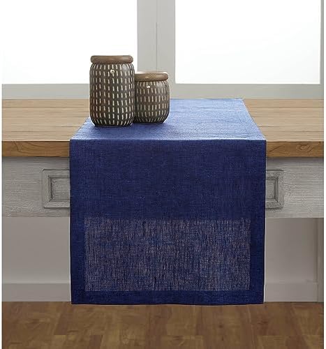 Solino Home 100% Pure Linen Dining Table Runner Navy, Athena 14 x 72 in