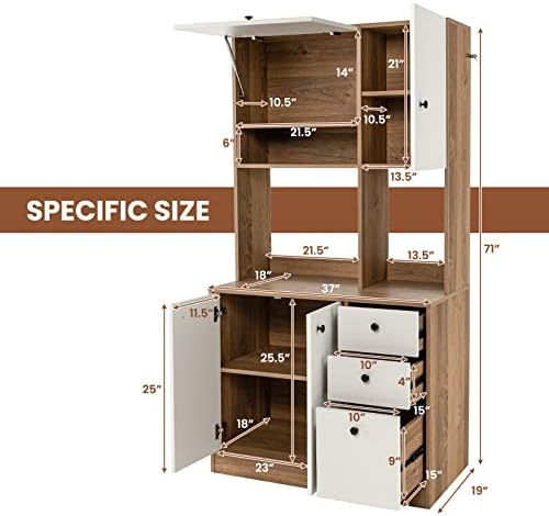 LOKO 71” Tall Kitchen Pantry Storage Cabinet with 3 Drawer, White & Natural