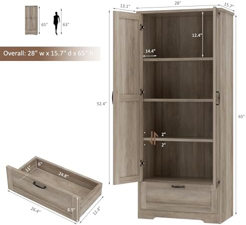 Shintenchi 65" Kitchen Pantry Cabinet, Farmhouse Storage, Ash Gray