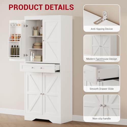 72'' Pantry Cabinet, Farmhouse Kitchen Storage Cabinet with Drawers, Adjustable Shelves, Door Shelves, Tall Kitchen Pantry for Dining Room, White
