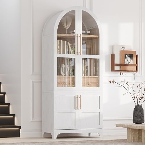 Ball & Cast Arched Kitchen Pantry Cabinet with Door Shelves,Farmhouse Cookroom Storage Cabinets W/Open & Adjustable Shelves,Glass Door & Hidden Drawer,Cupboard for Kitchen,Dining Room,White,71" Tall