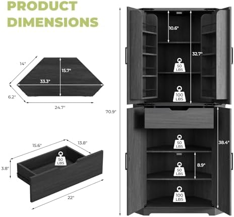 Dripex 71" Tall Corner Pantry Cabinet Black, Farmhouse Tall Storage Cabinet with Doors, Adjustable Shelves & LED Light, Kitchen Food Cabinet for Living/Dining Room