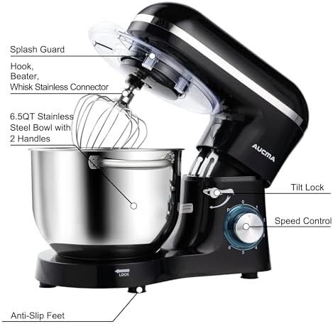Aucma Stand Mixer,6.5-QT 660W 6-Speed Tilt-Head Food Mixer, Kitchen Electric Mixer with Dough Hook, Wire Whip & Beater (Black, 6.5QT)
