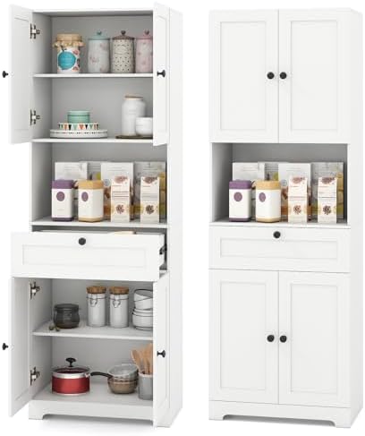 GIANTEX Kitchen Pantry Cabinet, 67.5" Tall Floor Storage Cabinet w/4 Doors & 1 Drawer, Modern Freestanding Bathroom Organizer w/Open Countertop & Adjustable Shelf for Dining Room, Living Room (White)
