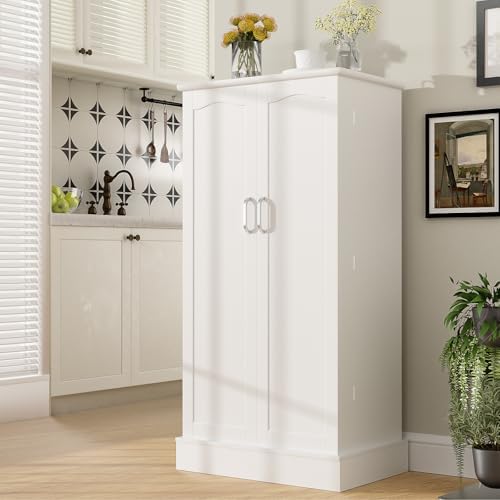 kepptory 47” Pantry Cabinet, Kitchen Pantry Storage Cabinet with Doors and Adjustable Shelves,Freestanding Buffet Cupboards Sideboard for Living Room and Dinning Room (White)