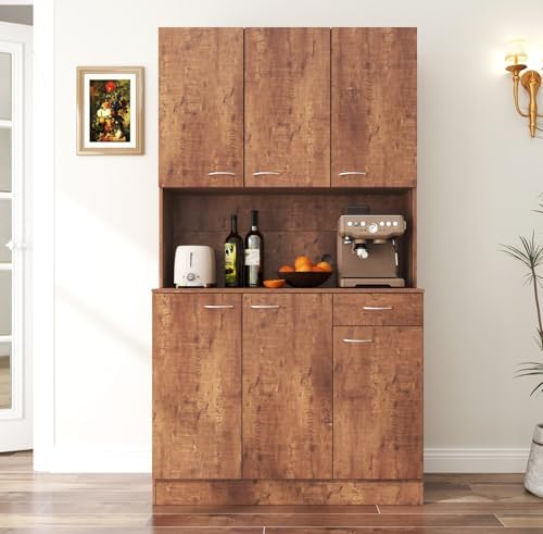 KEIKI 70.87" Tall Kitchen Pantry Storage Cabinet with Countertop, 6-Doors, 1 Drawers, Microwave Stand and Shelves, Freestanding Wood Hutch Food Pantries Cupboard for Coffee Bar, Dining Room