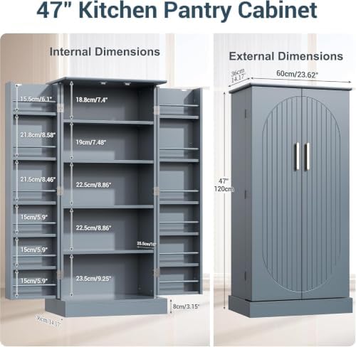 kepptory 47" Kitchen Pantry Cabinet with Doors and Adjustable Shelves, Freestanding Pantry Storage Cabinet, Farmhouse Buffet Cupboard for Kitchen, Dining Room, Living Room, Grey