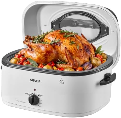 VEVOR Electric Roaster Oven, 22 Qt, Turkey Roasting Pan, White, Viewing Lid