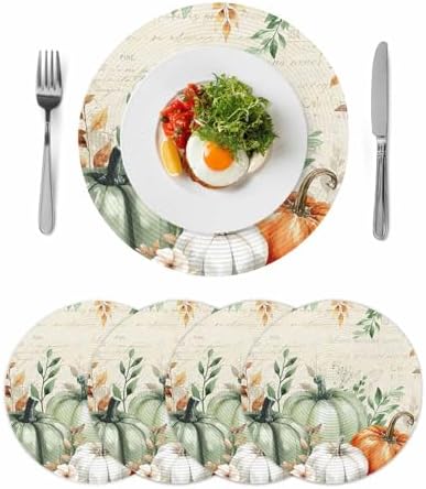 Fall Round Placemats Set of 4 Thanksgiving Sage Green Pumpkin Place Mats Washable Woven Placemat Floral Autumn Eucalyptus Leaves Circle Braided Table Mat for Kitchen Holiday Party Fall Decor 15 Inch
