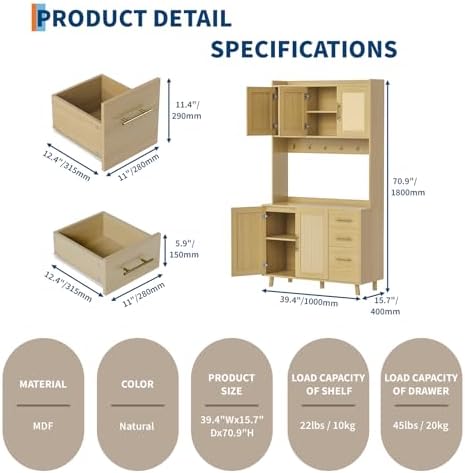 71" Tall Kitchen Pantry Cabinet with Storage, Freestanding Hutch Sideboard Buffet Cabinet with Rattan Door, 3 Drawers, 6 Hooks, Adjustable Shelves, Microwave Stand Countertop for Living Room