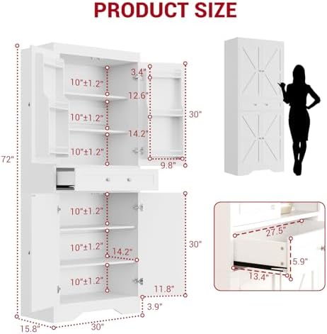 72'' Pantry Cabinet, Farmhouse Kitchen Storage Cabinet with Drawers, Adjustable Shelves, Door Shelves, Tall Kitchen Pantry for Dining Room, White