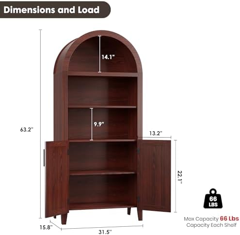 Garvee Arched Cabinet with Doors, 5-Tier Kitchen Pantry Cabinet with Adjustable Shelves, Wooden Open Farmhouse Storage Organizer for Kitchen, Dining Room, Living Room, Home Office, Walnut