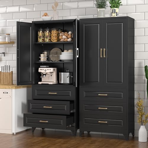 Polup 75" Metal Storage Cabinet, Kitchen Pantry Cabinet with 3 Drawers