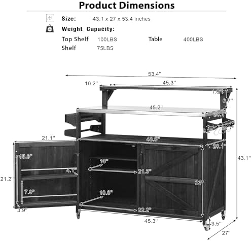 Merax 53.3" Outdoor Kitchen Island with Raised Shelf, Solid Wood Storage Cabinet with Stainless Steel Top, Rolling Grill Cart, Adjustable Shelf, Black
