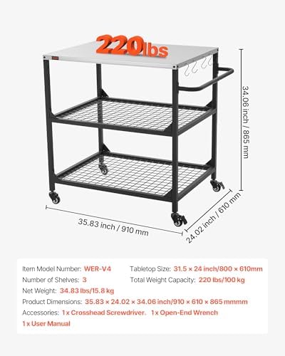 VEVOR Outdoor Grill Cart, 31.5 x 24.0 inch Stainless Steel Tabletop Size Grilling Table, Outdoor Cooking Table with 4 Wheels & Side Handle, Two Mesh Shelves, BBQ Prep Tables for Patio, Garden