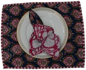 Cotton Block Print Quilted Reversible Placemats with Napkins, Floral Design, Dining Table Decor for Everyday Use, Set of 4 (Navy/Pink)