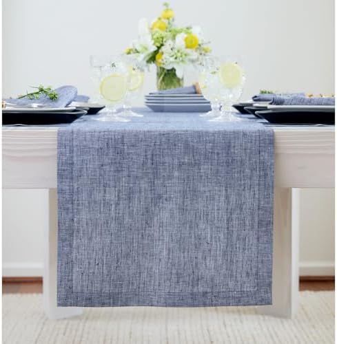 Solino Home 100% Pure Linen Table Runner Chambray Indigo, Athena 14 x 90 in