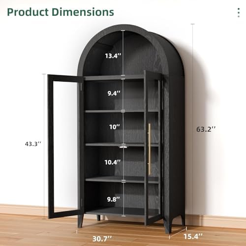 63"Tall Arched Cabinet, 5-Tier Curio Cabinet for Kitchen Living Room, Black