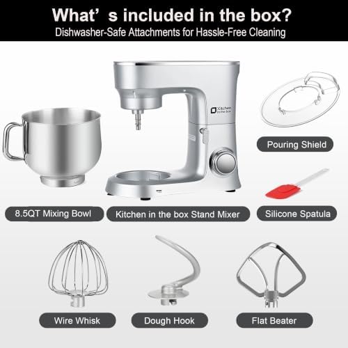 Kitchen in the box Stand Mixer 8.5 QT, 900 Watt Heavy Dough Mixer Silver