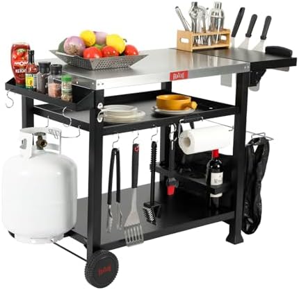 Feasto 40x26 Grill Cart, Stainless Steel Top, 3-Shelf with Wheels & Cover