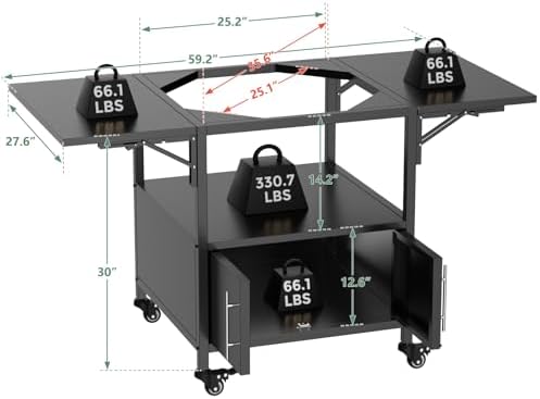 KEIKI Outdoor Grill Table for Big Green Egg, Metal BBQ Cart with Wheels and Dual Folding Side Shelves, Fits Large Green Egg and Kamado Joe Jr, Rolling Prep Station for Patio Cooking