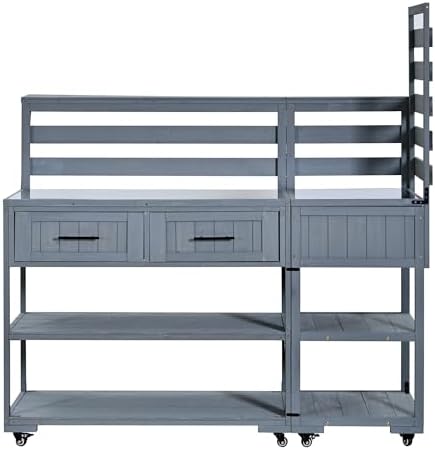Merax 62.3'' Outdoor Mobile Kitchen Island on Wheels with Stainless Table Top, Outdoor Prep Cart Grill Table with Raised Shelf and Drawers for BBQ, Party, Gray