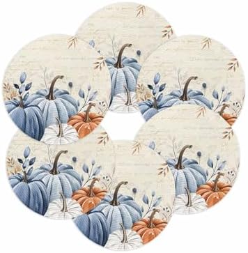 Fall Round Placemats Set of 6 Thanksgiving Blue Pumpkin Place Mats Washable Woven Placemat Autumn Eucalyptus Leaves Circle Braided Table Mat for Kitchen Dining Table Holiday Party Fall Decor 15 Inch
