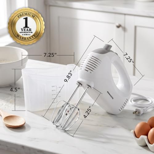 OVENTE 5-Speed Electric Hand Mixer with Storage Case, White HM151W