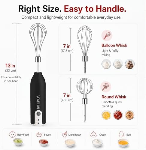 Electric Hand Mixer Whisk | Wireless Rechargeable Handheld Egg Beater with 2 Stainless Steel Mixing Heads | Portable Kitchen Hand Mixer for Egg, Milkshake Cream, Cake, Baking & Cooking-Black