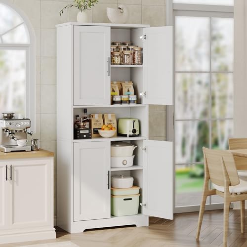70" Tall Pantry Cabinet, Kitchen Pantry Cabinet with Doors and Adjustable Shelves, Freestanding Cupboard, Tall Storage Cabinet for Bathroom, Dining Room, Living Room, White