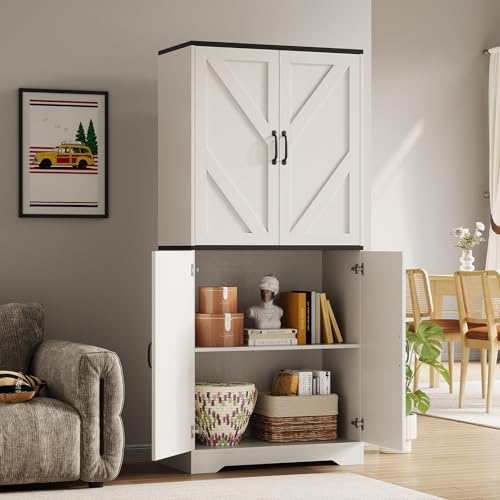 Garvee 70" Kitchen Pantry Cabinet, Farmhouse Tall Pantry Storage with Barn Doors and Adjustable Shelves, Wood Cupboard Locker for Kitchen, Dining Room, Living Room, Garage, White