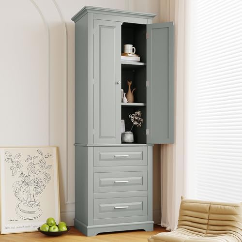 Merax 70" Pantry Cabinet with Two Doors & Three Drawer, Adjustable Shelves Storage Cupboard for Kitchen/Dining Room/Bathroom, Gray
