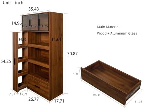 KEIKI 70.87" Tall Kitchen Pantry Storage Cabinet with Multi-Functional Pull-Out Shelf, Drawers, Glass Doors & Microwave Stand, Wood Hutch Food Pantries Cupboard for Coffee Bar, Dining Room