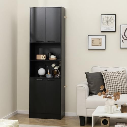 GIANTEX Kitchen Pantry Cabinet, 75” Tall Freestanding Cupboard with Doors & Shelves, Safety Hinges & Anti-Tipping Devices, Storage Sideboard for Dining Room, Living Room (Black)