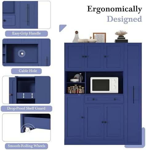 Merax 70'' Tall Traditional Freestanding Buffet with Hutch, Large Kitchen Pantry Storage Cabinet Cupboard with Pull-Out Side Cabinet, Door Shelves and Drawer, Blue